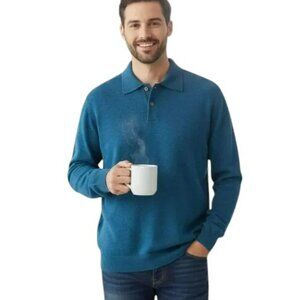Grant Thomas Merino Wool Polo Sweater Teal XXL Italian Luxury Layering